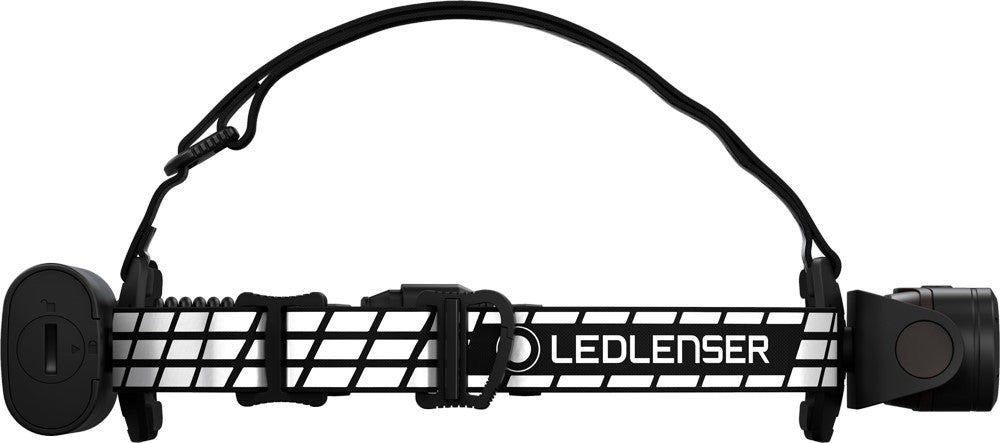 Czarna latarka czołowa Led Lenser H19R Signature widziana z boku, z całą opaską na głowę z odblaskowym napisem, głowicą i pojemnikiem akumulatora