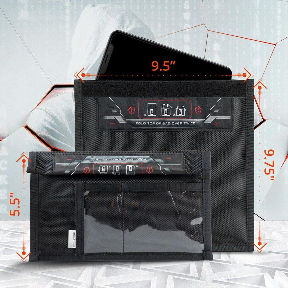 Infografik der Mission Darkness Non-Window Faraday-Tasche mit Abmessungen (9,5 x 9,75 Zoll) und einem eingeschobenen Smartphone
