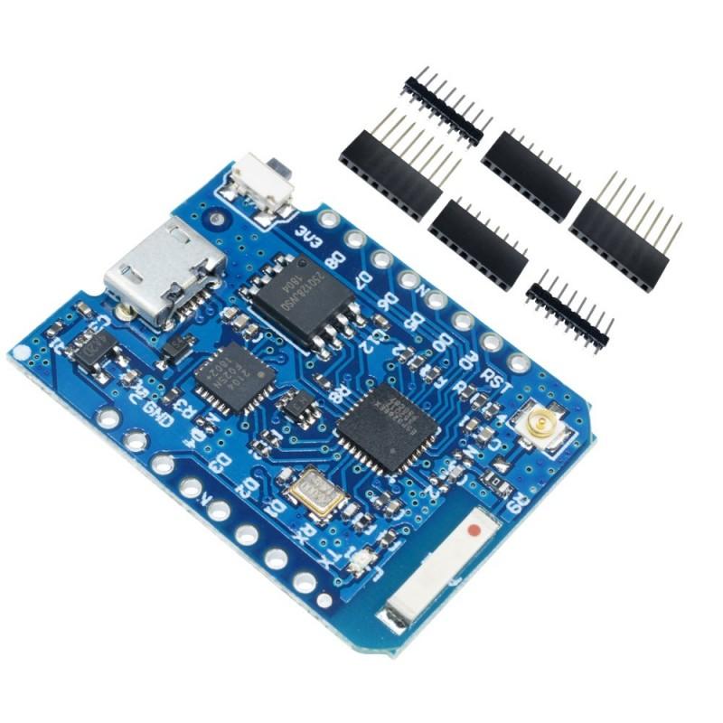 Niebieska płytka rozwojowa Wemos D1 mini PRO z układem ESP8266, portem micro-USB, złączem antenowym u.FL oraz listwami goldpin do lutowania