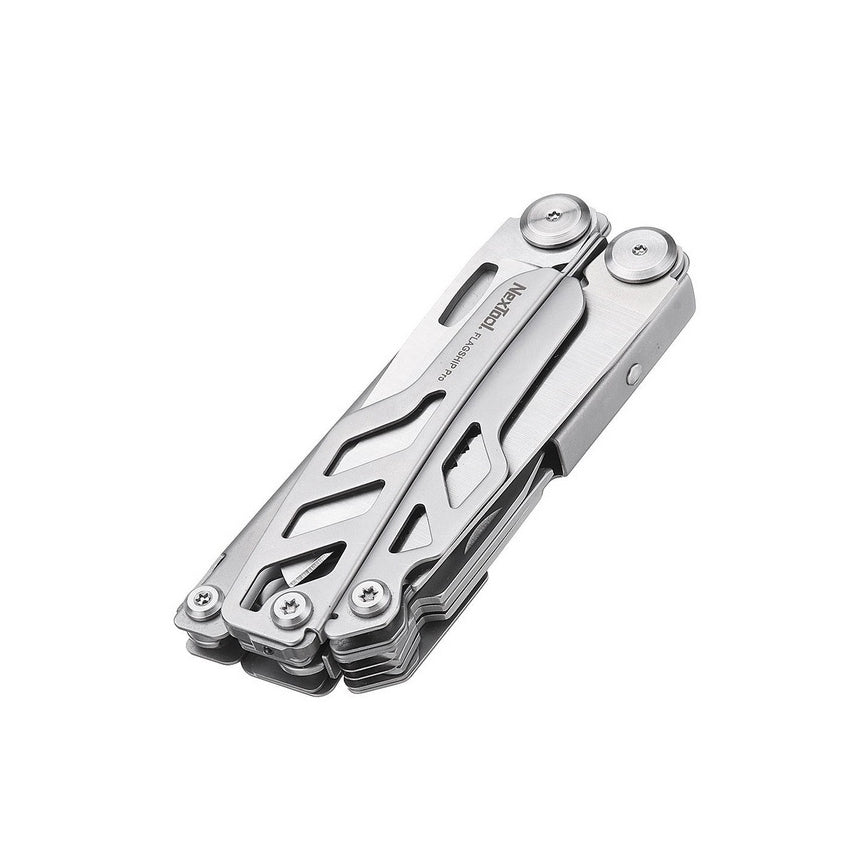 Folded stainless steel NexTool Flagship Pro multitool with skeletonised handles and the Flagship Pro engraving, angled view