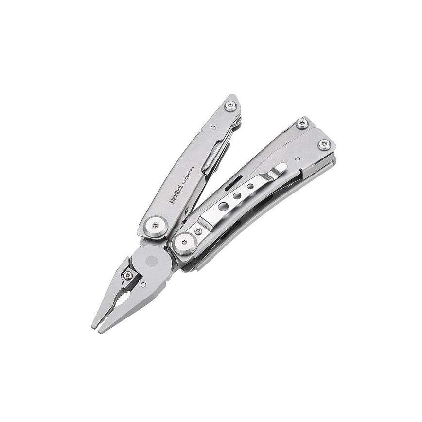 NexTool Flagship Pro multitool with the pliers deployed and the handles spread open, shown half-opened