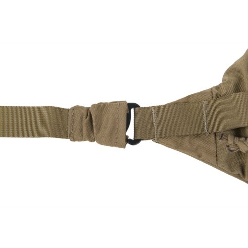 Helikon-Tex Bandicoot waist pack (coyote) - close-up of where the strap attaches to the bag body via a plastic D-ring, on white