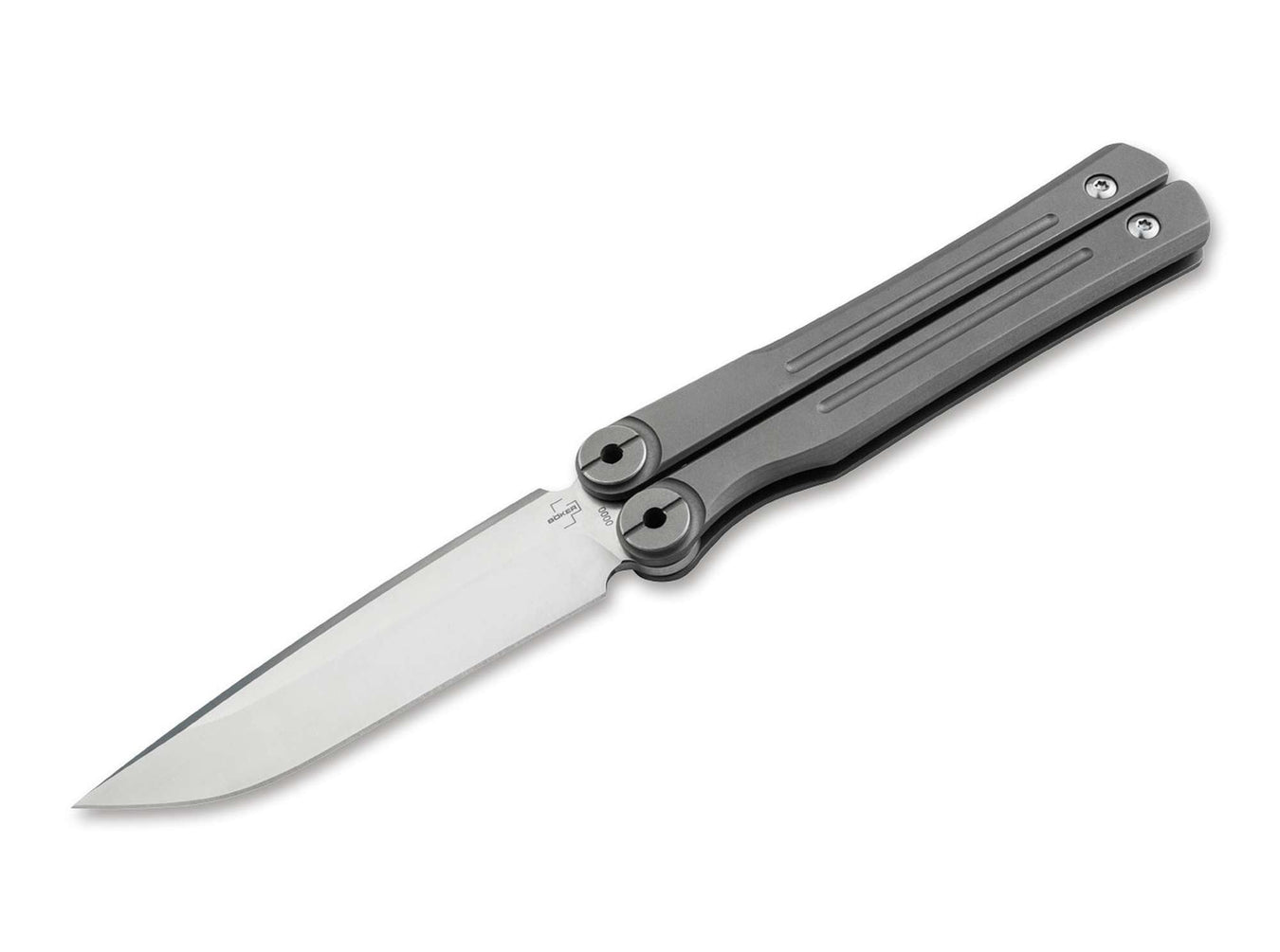 Böker Plus Faction balisong butterfly knife with a grey titanium channel handle and a satin blade
