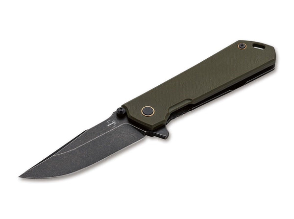 Geöffnetes Böker Plus Kihon Assisted Messer mit schwarzer Stonewash-Klinge und grünem G10-Griff