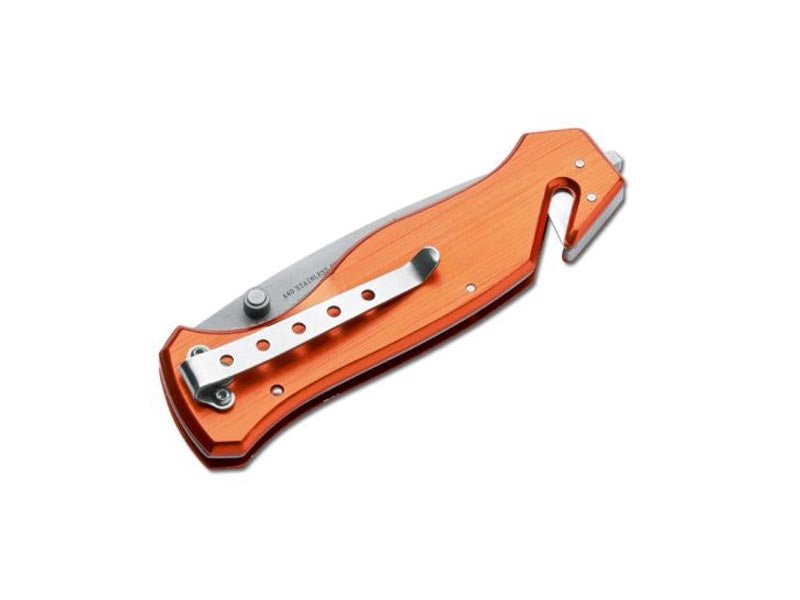 Zusammengeklapptes Magnum Medic Rettungsmesser mit orangefarbenem Griff, Rückansicht mit einem Metall-Taschenclip und Gurtschneider-Haken