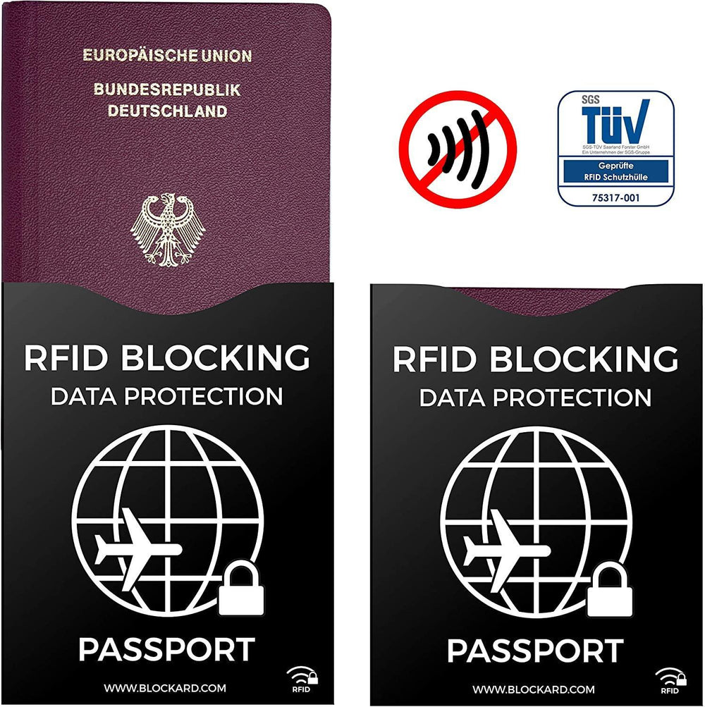 Zwei schwarze RFID- und NFC-Blocker-Reisepasshüllen - eine mit einem Reisepass der Europäischen Union, eine leer, NFC-Blockier-Symbol und TÜV-Zertifikat