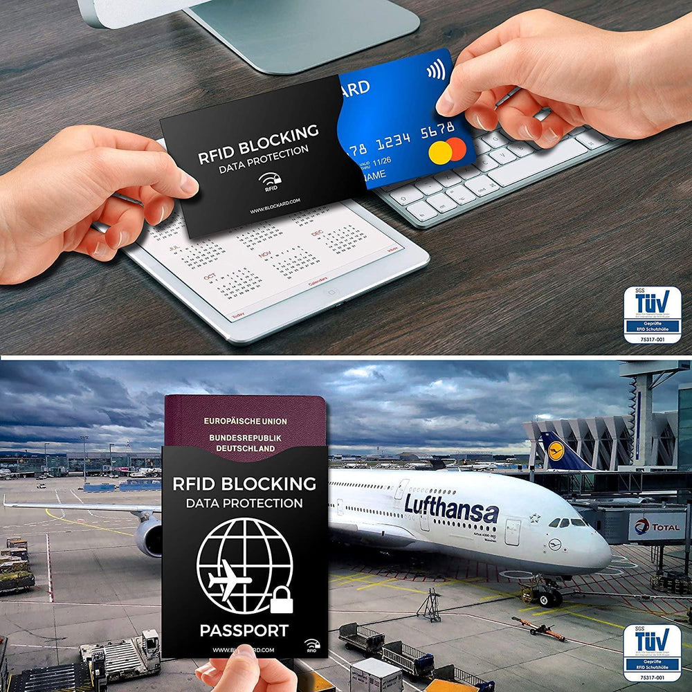 RFID- und NFC-Blocker-Hüllen im Einsatz - eine Karte bei kontaktloser Zahlung und eine Reisepasshülle vor einem Flughafenhintergrund mit einem Flugzeug