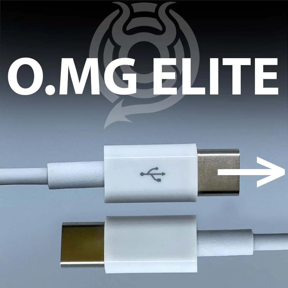 Grafika O.MG Elite ze zbliżeniem dwóch wtyków USB-C białego kabla