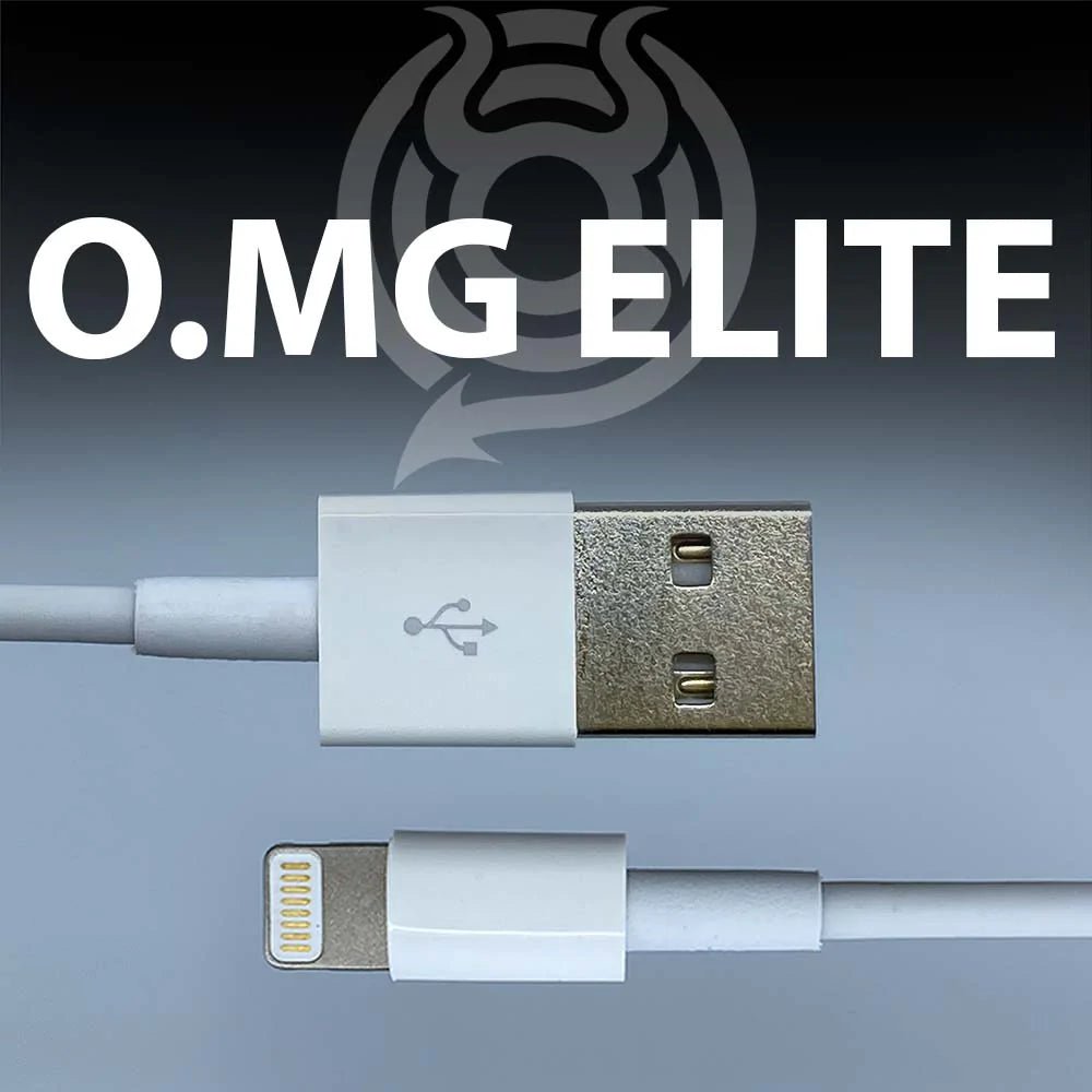 Grafika O.MG Elite ze zbliżeniem wtyków białego kabla - USB-A i Lightning