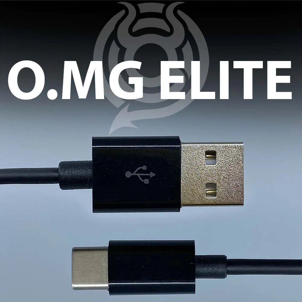 Grafika O.MG Elite ze zbliżeniem wtyków czarnego kabla - USB-A i USB-C