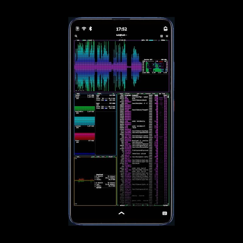 PinePhone Pro running Kali NetHunter - the screen shows a colorful terminal system monitor: an audio spectrum, memory and disk graphs, a process list and network stats, time 17:52, kali@kali