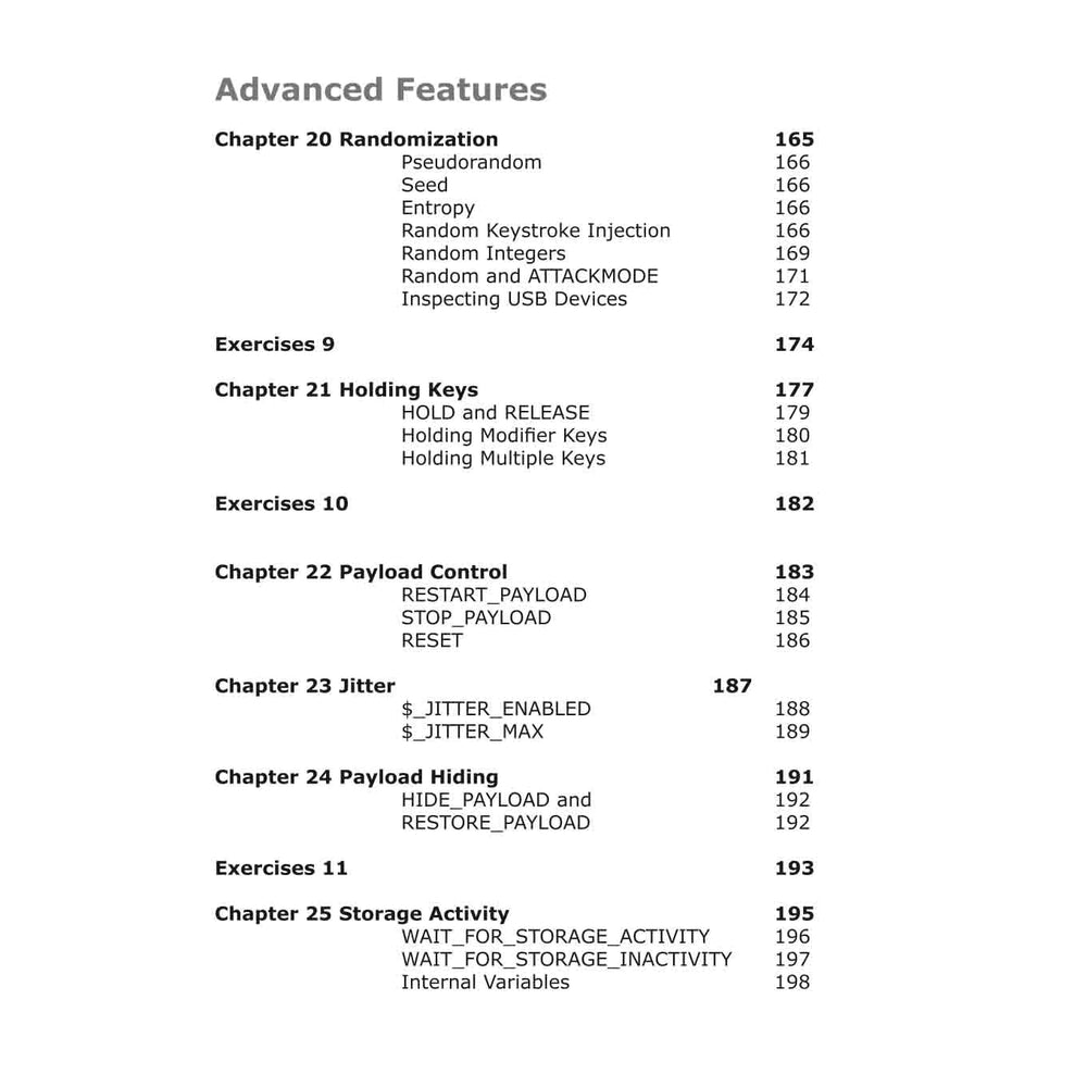 Inhaltsverzeichnis des USB Rubber Ducky Handbuchs - der Abschnitt Advanced Features mit den Kapiteln 20 bis 25, darunter Randomization, Holding Keys, Payload Control, Jitter und Storage Activity, mit Seitenzahlen, auf weißem Hintergrund