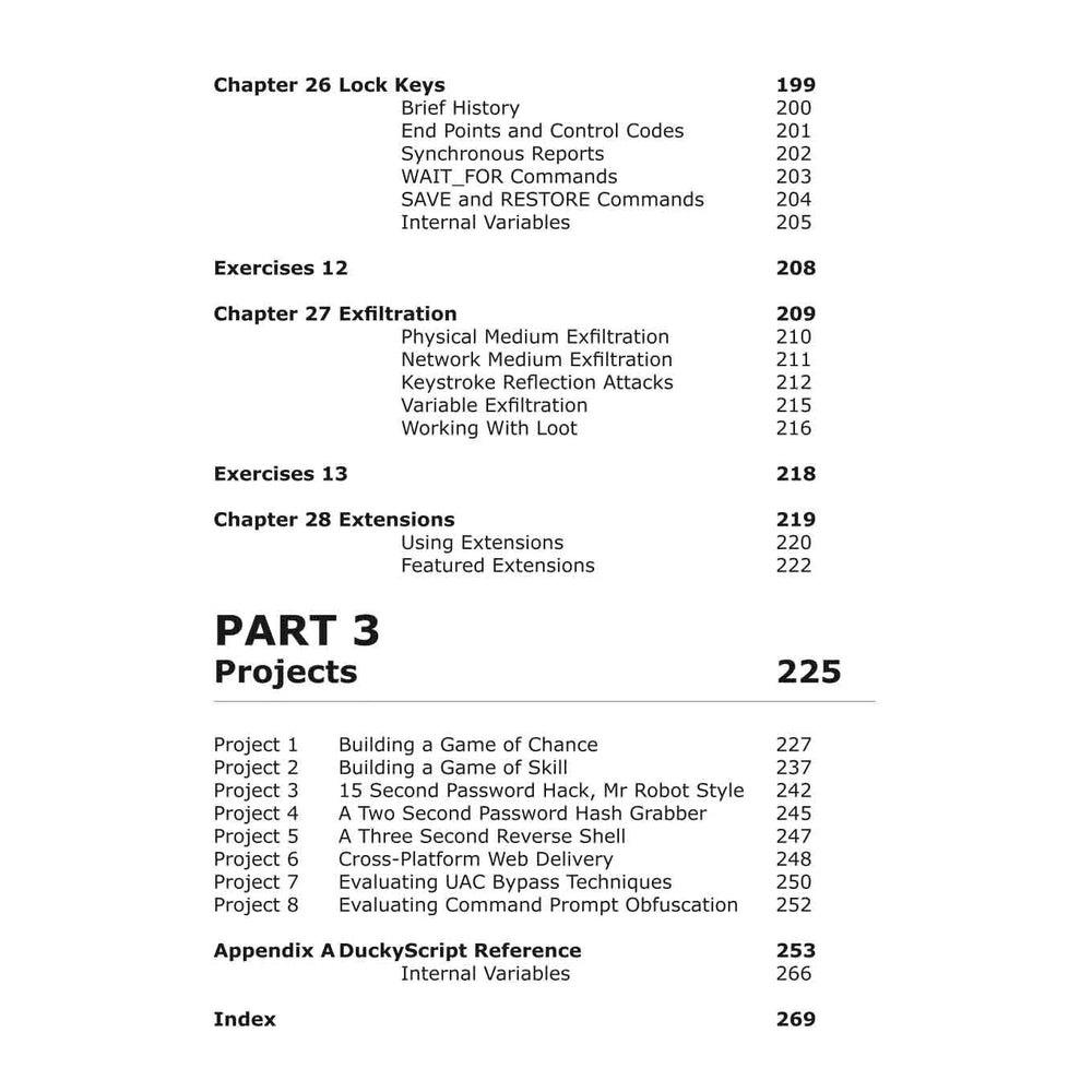 Inhaltsverzeichnis des USB Rubber Ducky Handbuchs - die Kapitel 26 bis 28 (Lock Keys, Exfiltration, Extensions) und der Abschnitt PART 3 Projects mit acht Projekten, Appendix A und der Index, mit Seitenzahlen, auf weißem Hintergrund