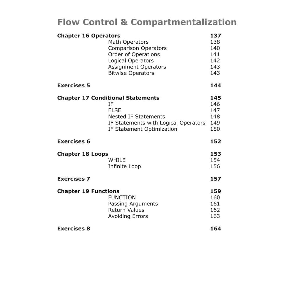 Inhaltsverzeichnis des USB Rubber Ducky Handbuchs - der Abschnitt Flow Control & Compartmentalization mit den Kapiteln 16 bis 19, darunter Operators, Conditional Statements, Loops und Functions, mit Seitenzahlen, auf weißem Hintergrund