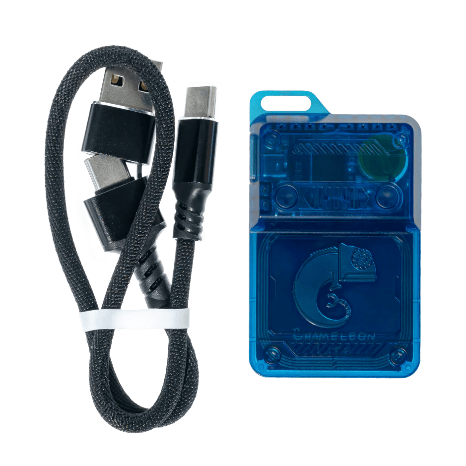 ProxGrind Chameleon Lite with its charging cable - on the left a coiled black braided cable with a USB-C plug and a USB-A adapter, on the right the translucent blue card-shaped device with the embossed chameleon logo and the CHAMELEON text, on a white background