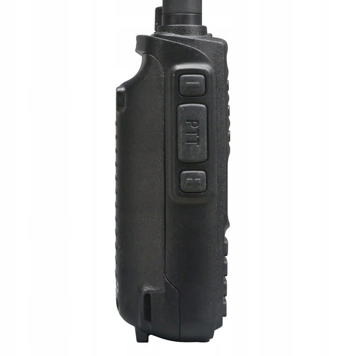 Widok z boku czarnego radiotelefonu TYT TH-UV98 z przyciskiem PTT i dwoma przyciskami bocznymi