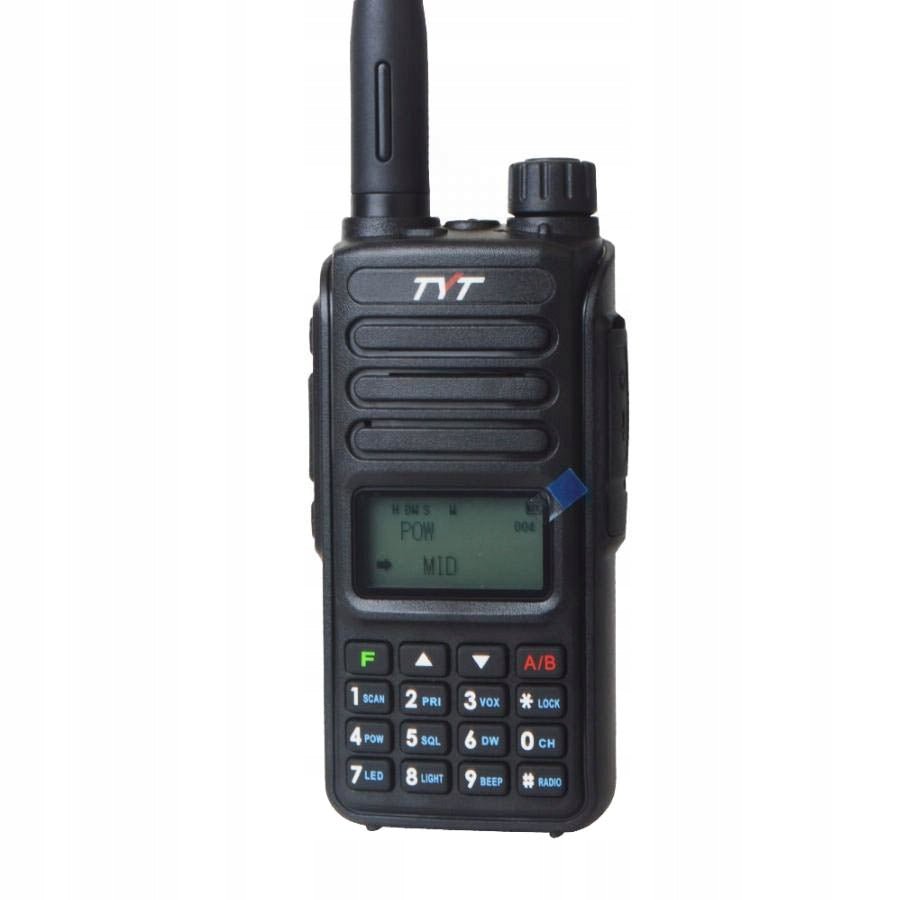 TYT TH-UV98 radio - front view of the black handheld with an antenna, a monochrome display and a numeric keypad with function labels, on a white background