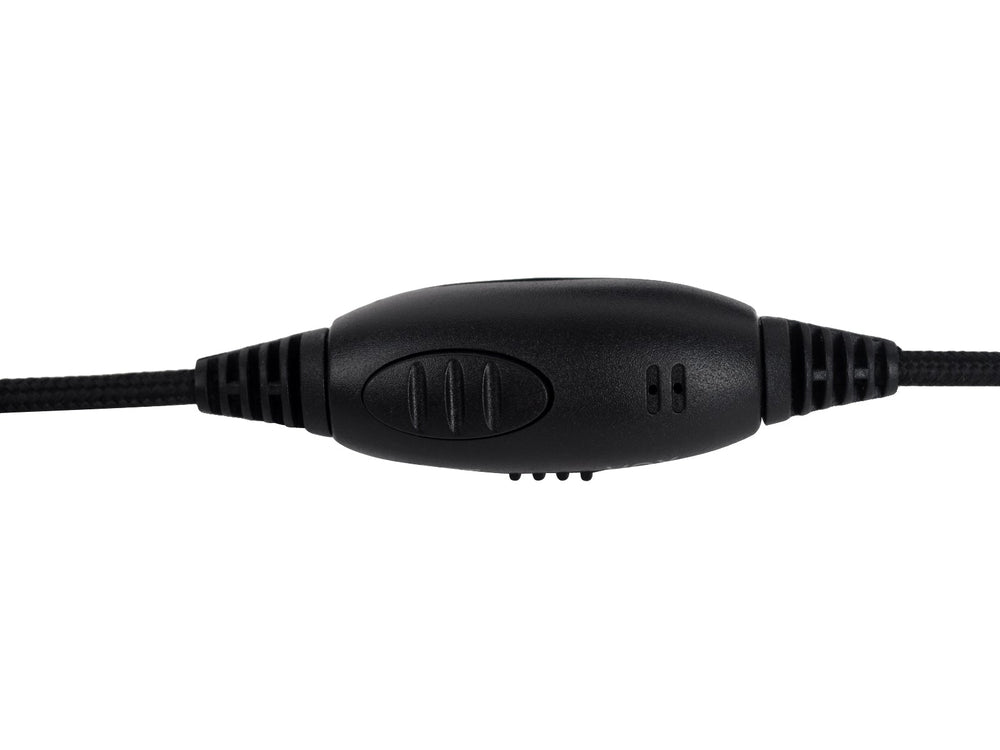 Close-up of the PTT remote on the Baofeng K-HW01 headphone cable with a large transmit button and microphone hole