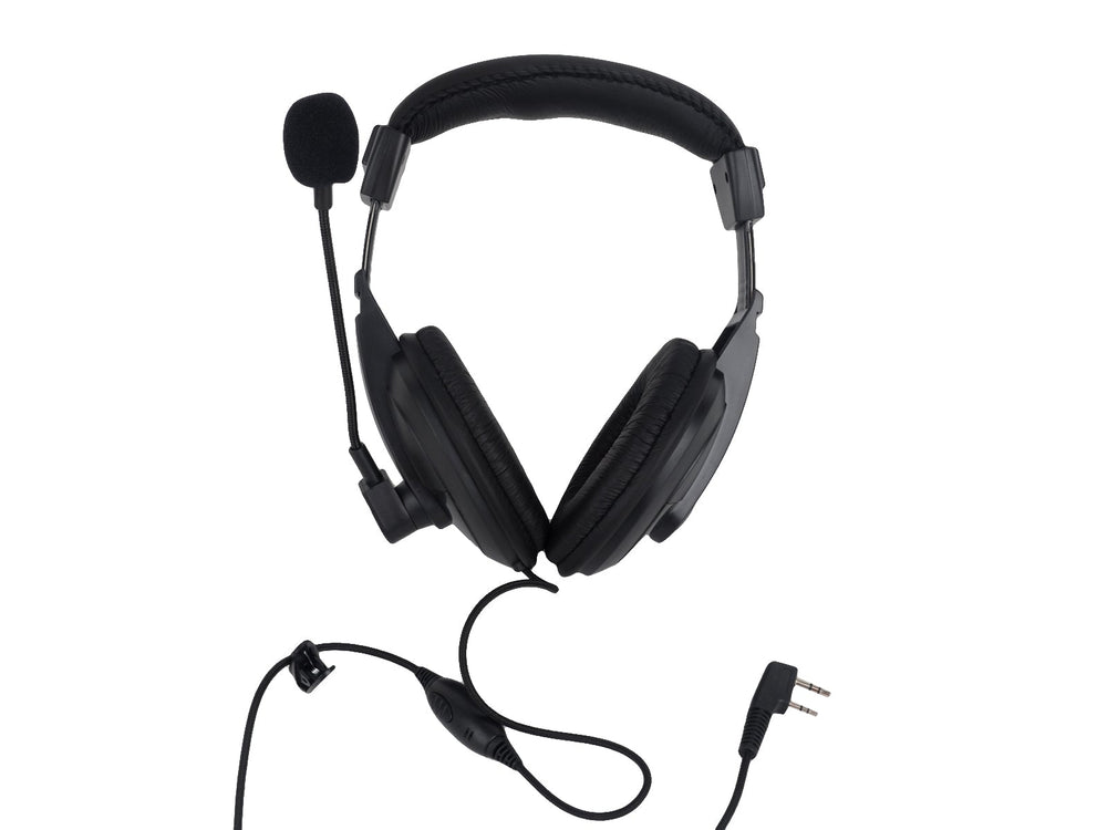 Black over-ear Baofeng K-HW01 headphones with a boom microphone, cable with PTT button and a two-pin K-type plug for Baofeng radios