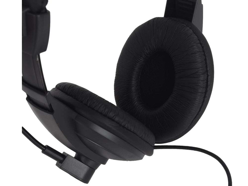 Close-up of the soft leatherette ear cushions of the black over-ear Baofeng K-HW01 headphones