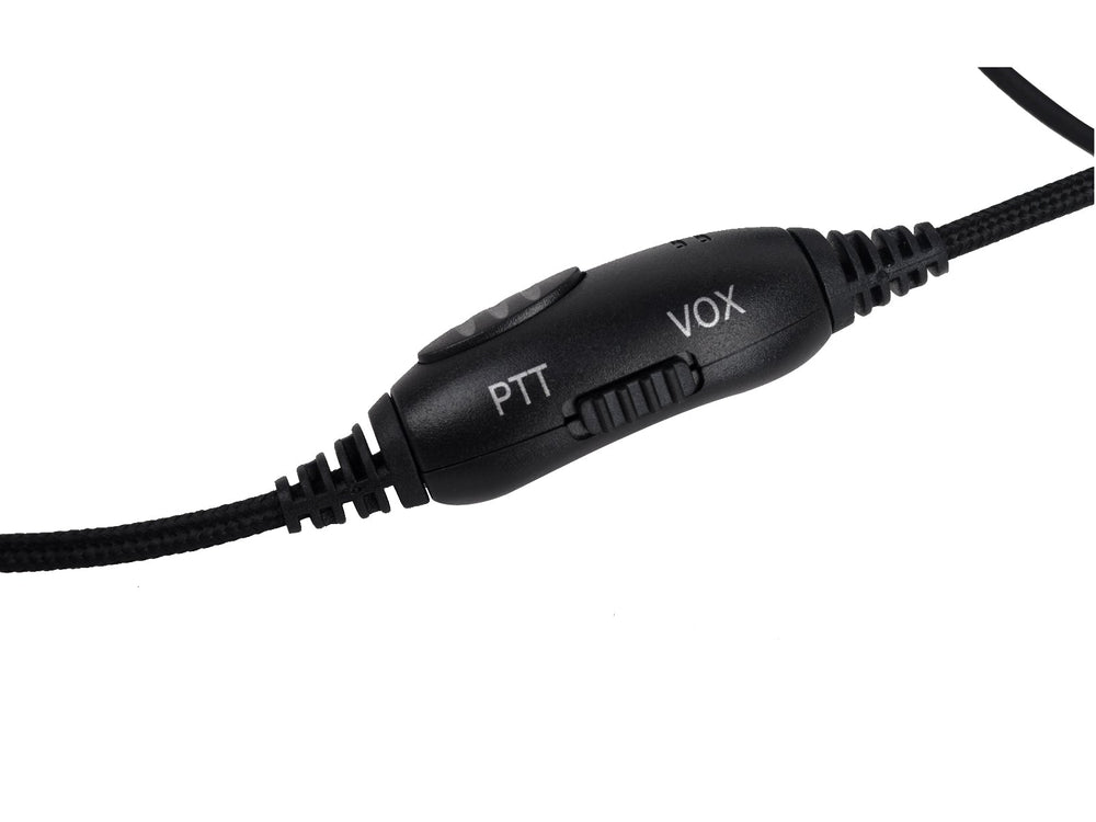 Close-up of the inline remote on the Baofeng K-HW01 headphone cable with a PTT button and a VOX mode switch
