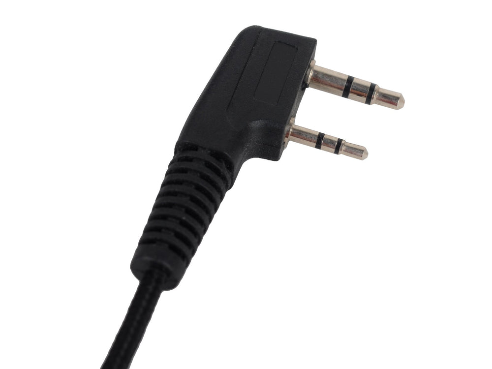 Close-up of the two-pin K-type (Kenwood) plug of the Baofeng K-HW01 headphone cable, fitting Baofeng radios
