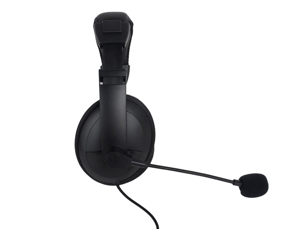 Black over-ear Baofeng K-HW01 headphones seen from the side, with a microphone on a flexible boom and an adjustable headband
