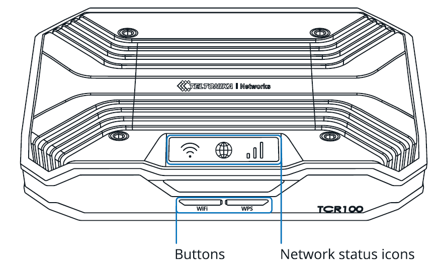 Схема роутера Teltonika TCR100 с обозначением кнопок WiFi и WPS и значков состояния сети
