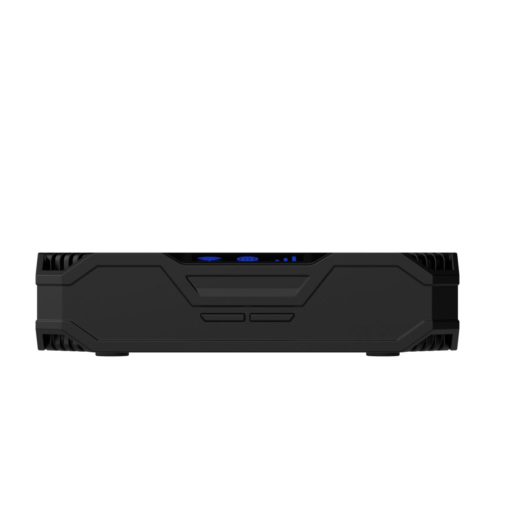Роутер Teltonika TCR100 вид спереди, со светящимися синим значками WiFi, интернета и сигнала и обозначением TCR100