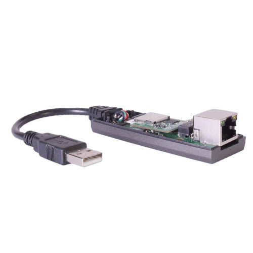 Hak5 LAN Turtle with the case opened - the green circuit board with the RJ45 port and the USB-A cable visible