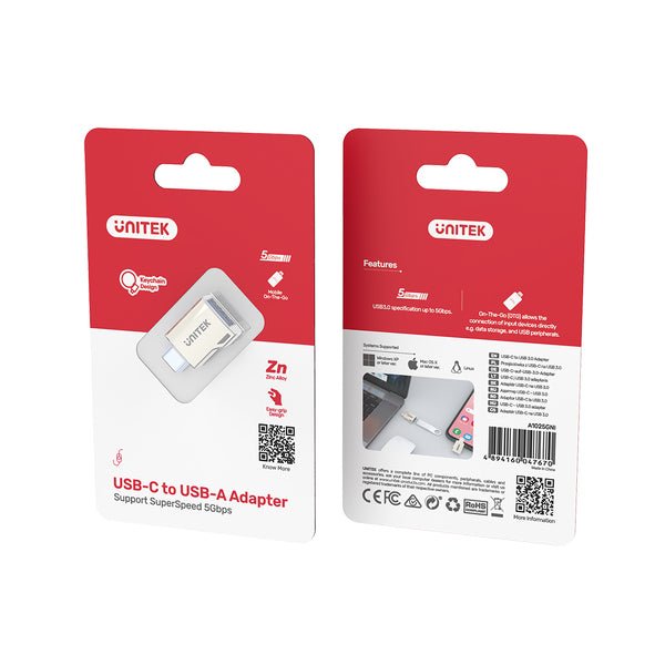 Opakowanie adaptera Unitek USB-C na USB-A z opisem SuperSpeed 5 Gb/s, przód i tył blistra