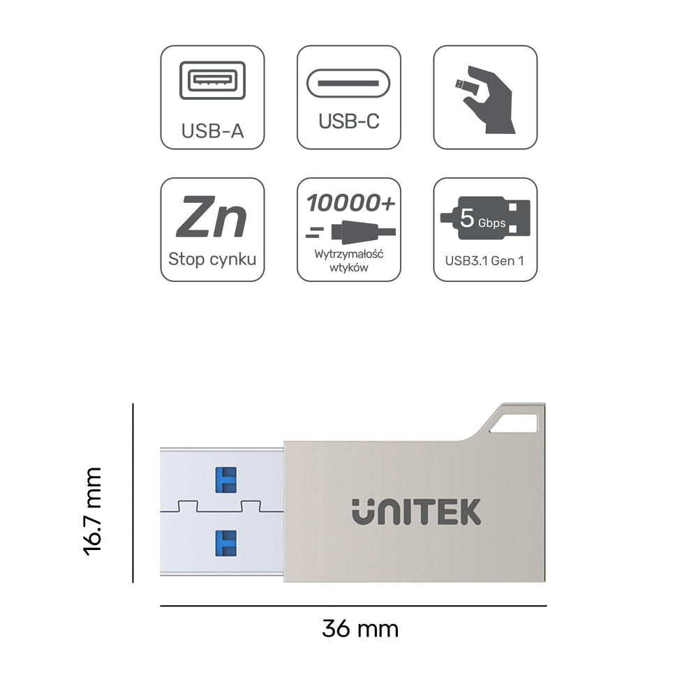 Infografika adaptera USB-A na USB-C Unitek - wtyk USB-A, gniazdo USB-C, obudowa ze stopu cynku, żywotność 10000+ podłączeń, 5 Gbps USB 3.1 Gen 1, wymiary 36x16,7 mm