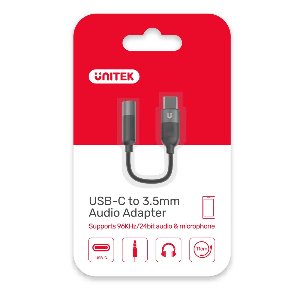 White-red Unitek USB-C to 3.5mm Audio Adapter blister with the adapter, supports 96 kHz/24-bit audio and microphone, 11 cm length
