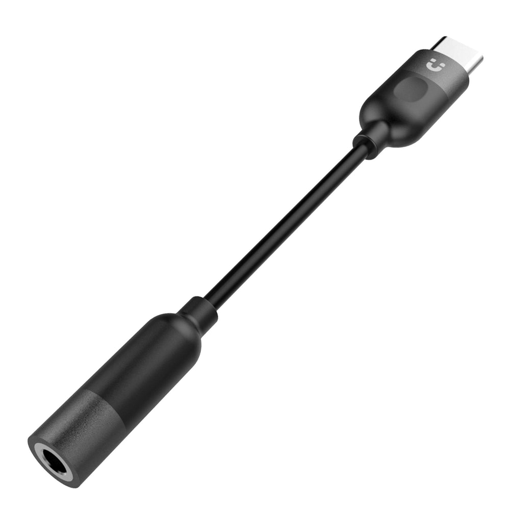 Black Unitek audio adapter with USB-C plug and 3.5 mm jack socket on a cable, full view, UNITEK logo