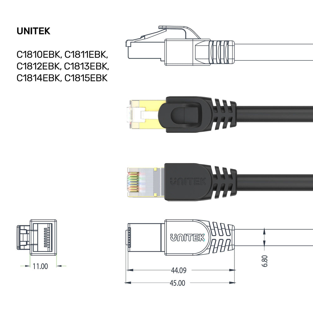 Rysunek techniczny wtyku RJ45 kabla Unitek Cat.7 10 m z wymiarami i oznaczeniami modeli C1810-C1815EBK