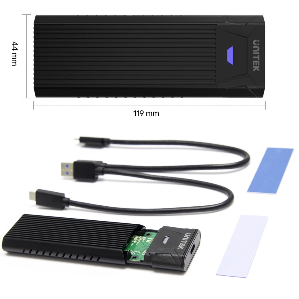 Maße-Infografik des Unitek M.2 Laufwerksgehäuses (119x44 mm) mit geöffnetem Gehäuse, USB-C/USB-A-Kabeln und Wärmeleitpads