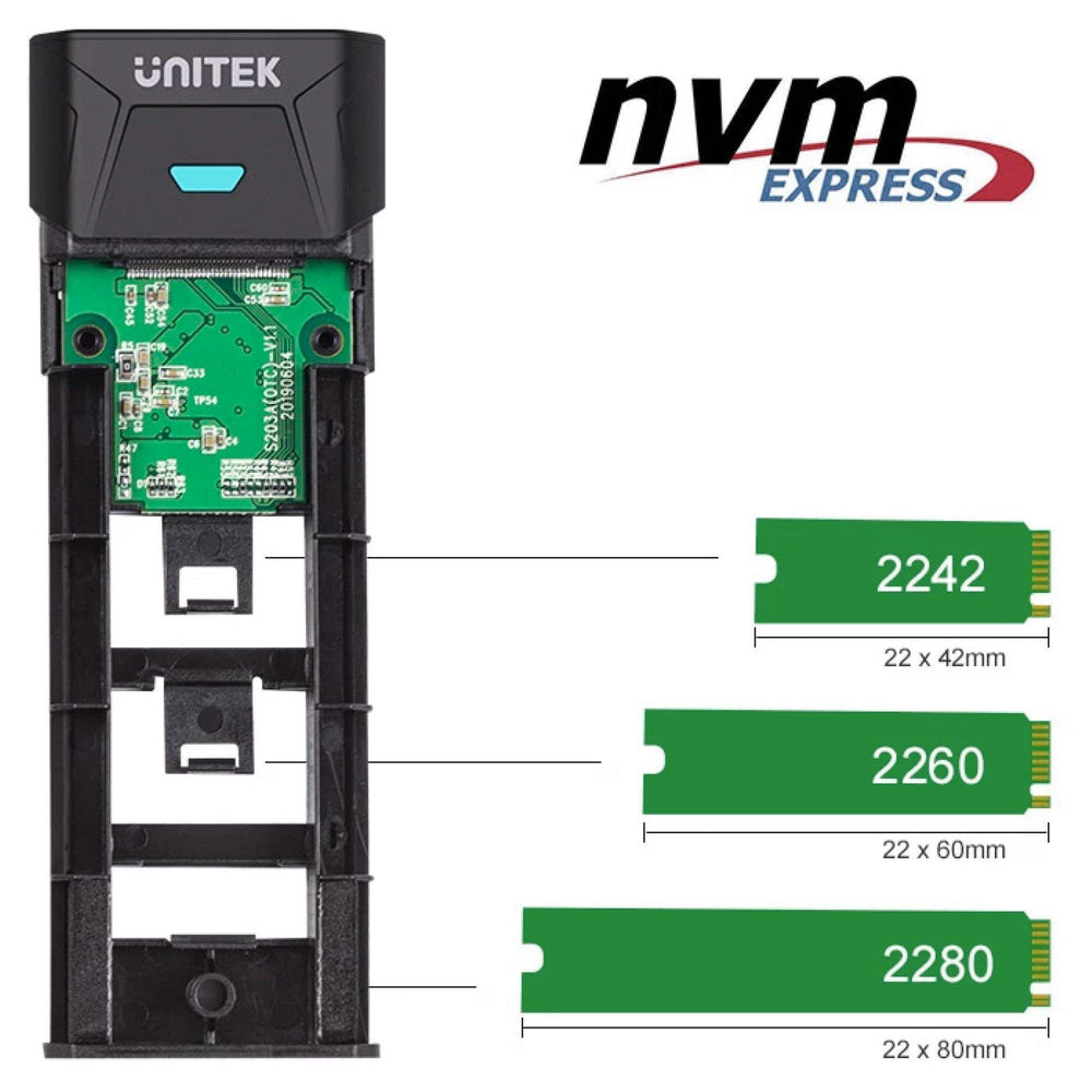 Kompatibilitäts-Infografik des Unitek M.2 Laufwerksgehäuses - offenes Gehäuse mit Platine, NVM-Express-Logo, unterstützte M.2-Größen 2242, 2260 und 2280
