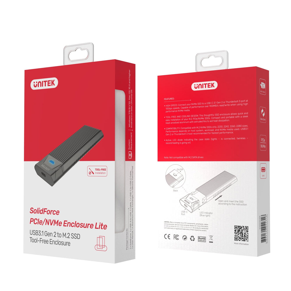 Vorder- und Rückseite der weiß-roten Verpackung des Unitek M.2 SolidForce PCIe/NVMe Enclosure Lite mit Spezifikationen und Montagediagramm