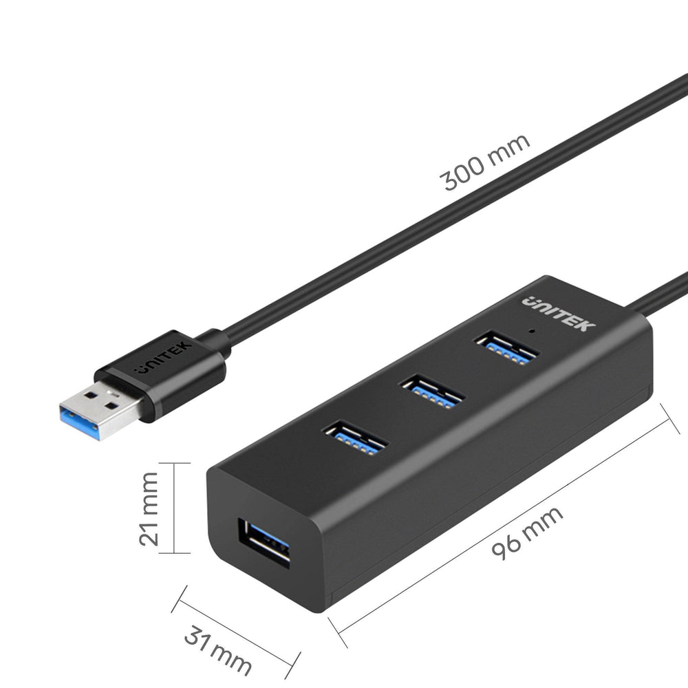 Maße-Infografik des schwarzen Unitek USB-Hubs (96x31x21 mm, 300-mm-Kabel) mit vier USB-3.0-Anschlüssen und USB-A-Stecker
