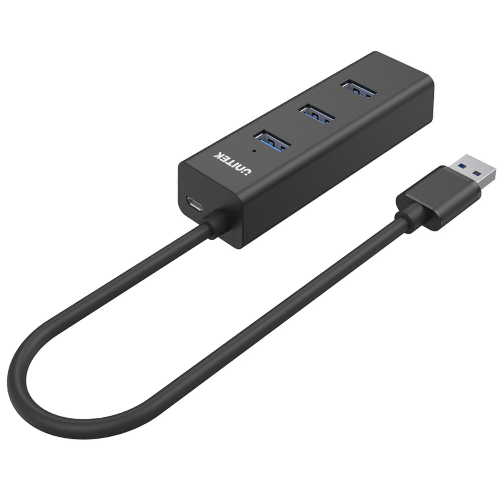 Schwarzer Unitek 4-Port-USB-Hub - Winkelansicht mit vier USB-3.0-Anschlüssen, integriertem USB-A-Kabel und einem Micro-USB-Anschluss für zusätzliche Stromversorgung