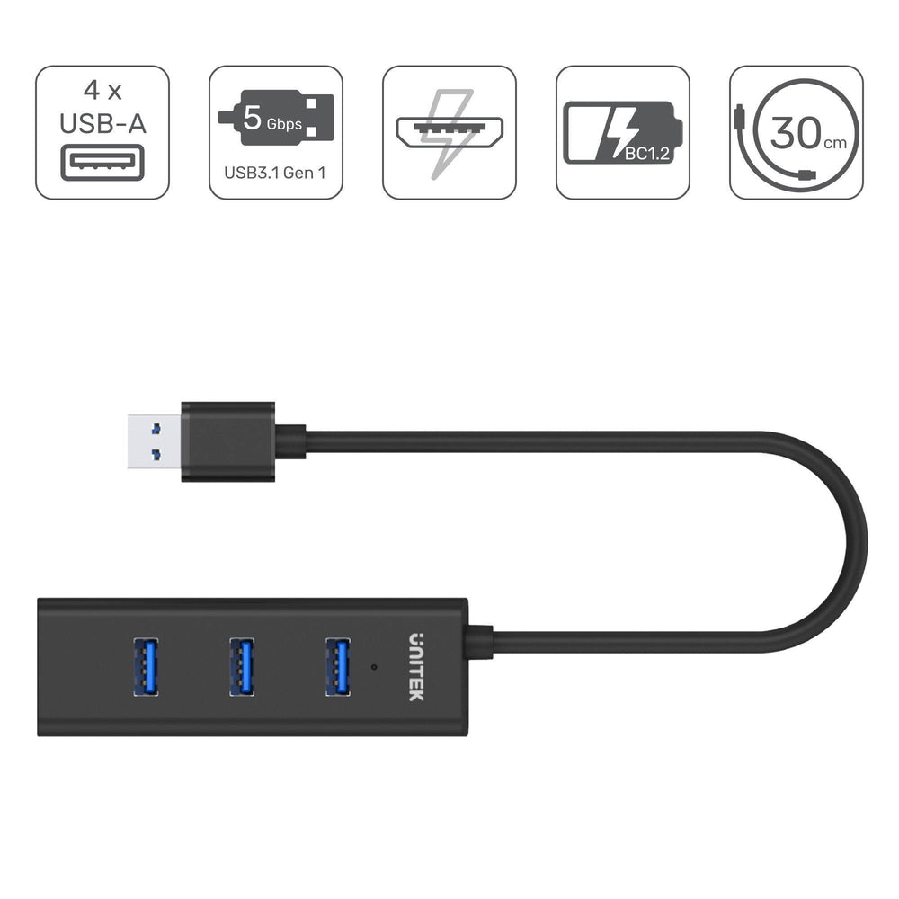 Infografik des schwarzen Unitek USB-Hubs - vier USB-A-Anschlüsse, 5 Gbps USB 3.1 Gen 1, sicheres Laden BC1.2, 30-cm-Kabel