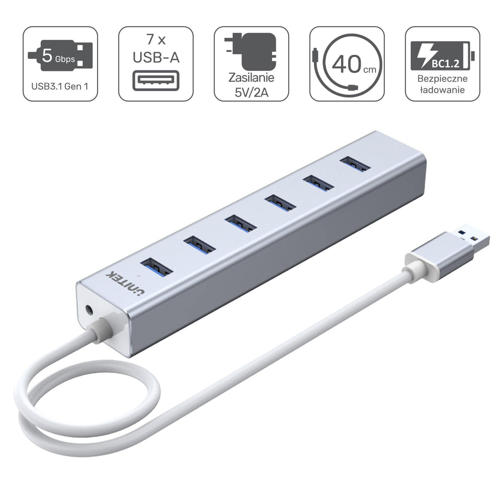Infographic of the Unitek Y-3090 hub - 5 Gbps USB 3.1 Gen 1, 7 USB-A ports, 5V/2A power, 40 cm cable, BC1.2 safe charging