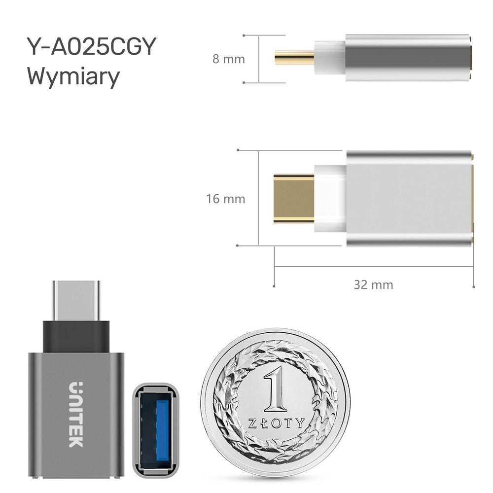 Dimensions infographic of the Unitek Y-A025CGY adapter (32x16x8 mm) with a size comparison to a 1 zloty coin