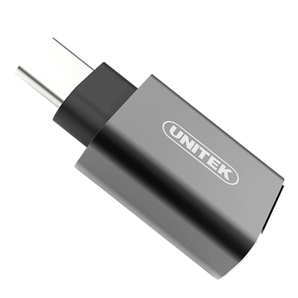 Gray aluminum Unitek Y-A025CGY OTG adapter USB-C to USB-A with UNITEK logo, close-up