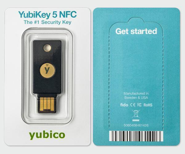 Yubico YubiKey 5 NFC blister with a black key, front and back of the packaging with FIDO markings