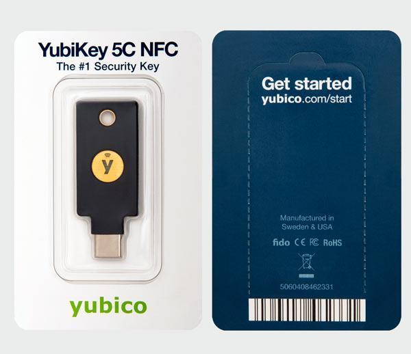 Блистер Yubico YubiKey 5C NFC с чёрным USB-C ключом, передняя и задняя сторона упаковки с маркировкой FIDO