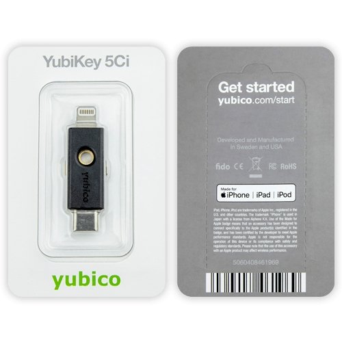 Yubico YubiKey 5Ci Blister mit einem schwarzen USB-C- und Lightning-Schlüssel, Vorder- und Rückseite der Verpackung mit Made-for-iPhone/iPad- und FIDO-Kennzeichnung