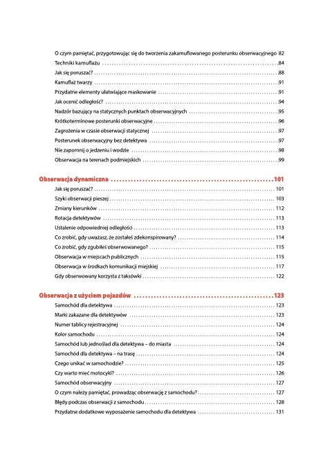 Trzecia strona spisu treści książki Zawód Detektyw - rozdziały Obserwacja dynamiczna i Obserwacja z użyciem pojazdów z podpunktami i numerami stron
