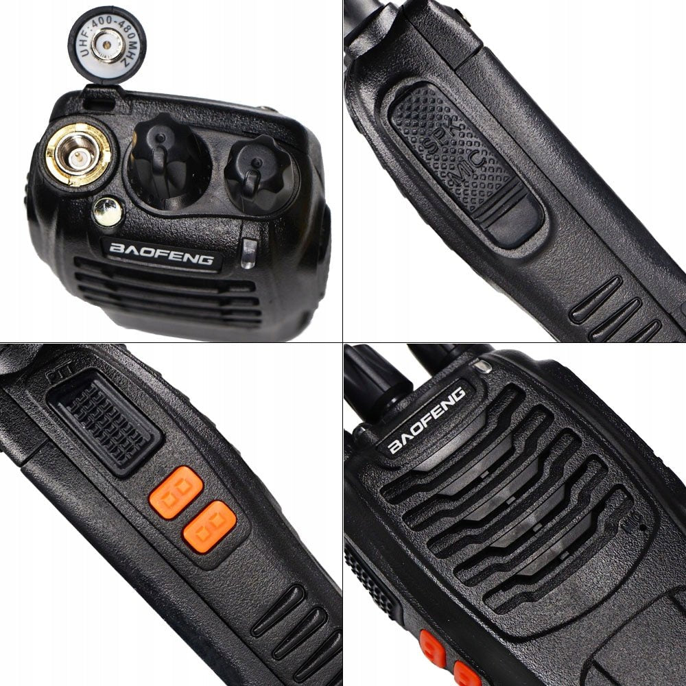 Four close-ups of the Baofeng BF-88E PMR radio - the top with the UHF 400-480 MHz antenna unscrewed, the gold SMA socket and the knobs, the side accessory socket, the side PTT button with orange buttons and the front speaker grille with the BAOFENG lettering, on a white background
