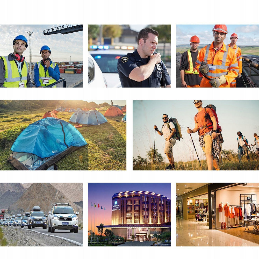 A use-case collage for the Baofeng BF-88E PMR radios - eight photos showing workers in hi-vis vests, a police officer, road workers, a campsite, backpackers, a convoy of cars, a hotel and the interior of a shopping mall